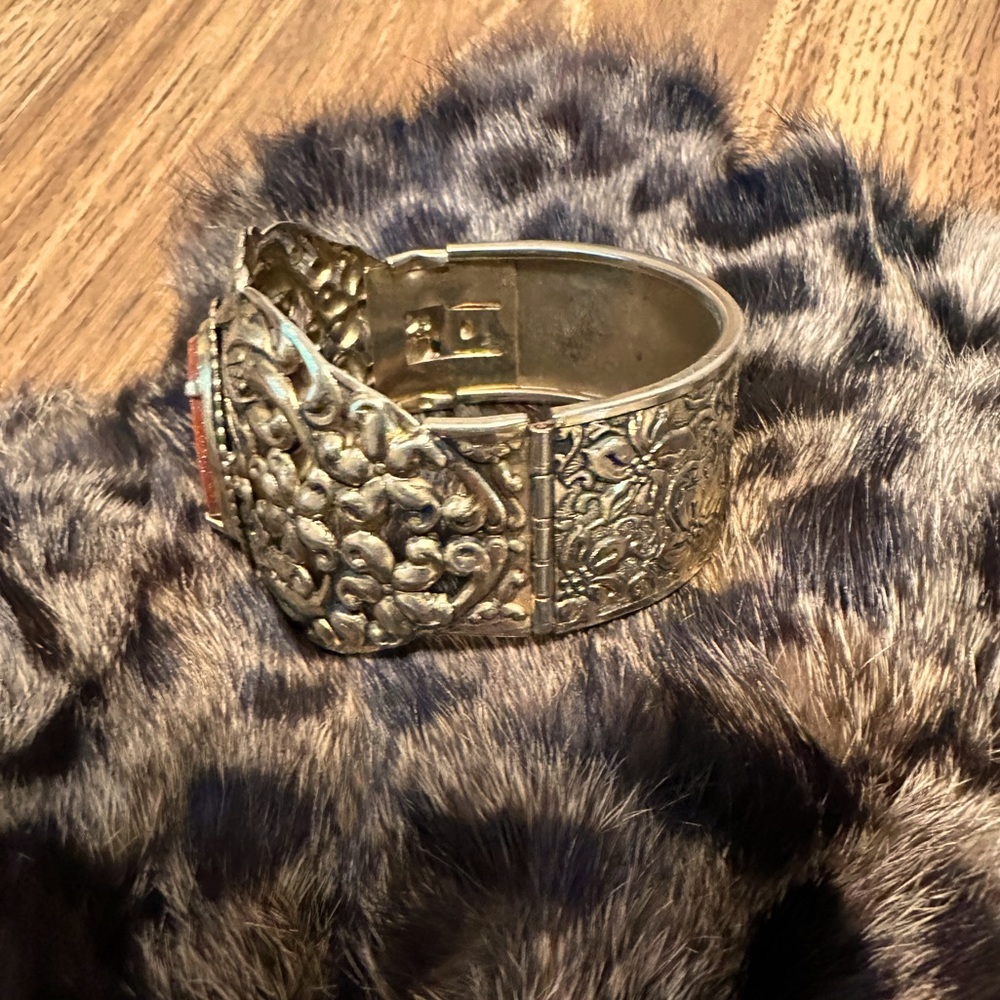 Ornate Antique Brass Cuff With Goldstone Gem - image 2